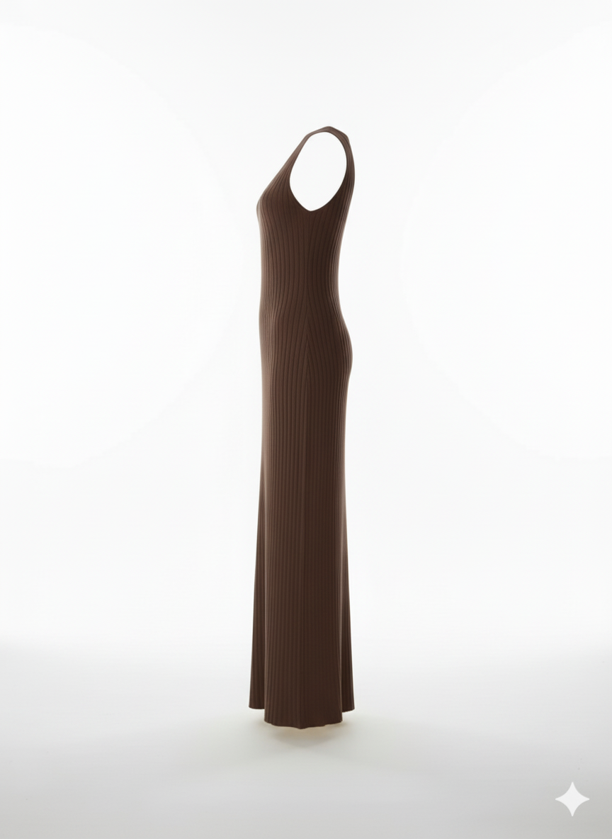 Vestido largo acanalado con escote en V